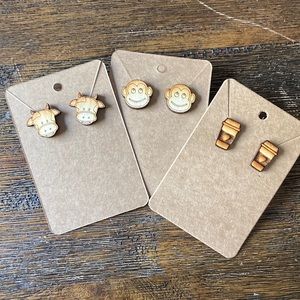 Set of 3 homemade wood earrings cows coffee monkeys